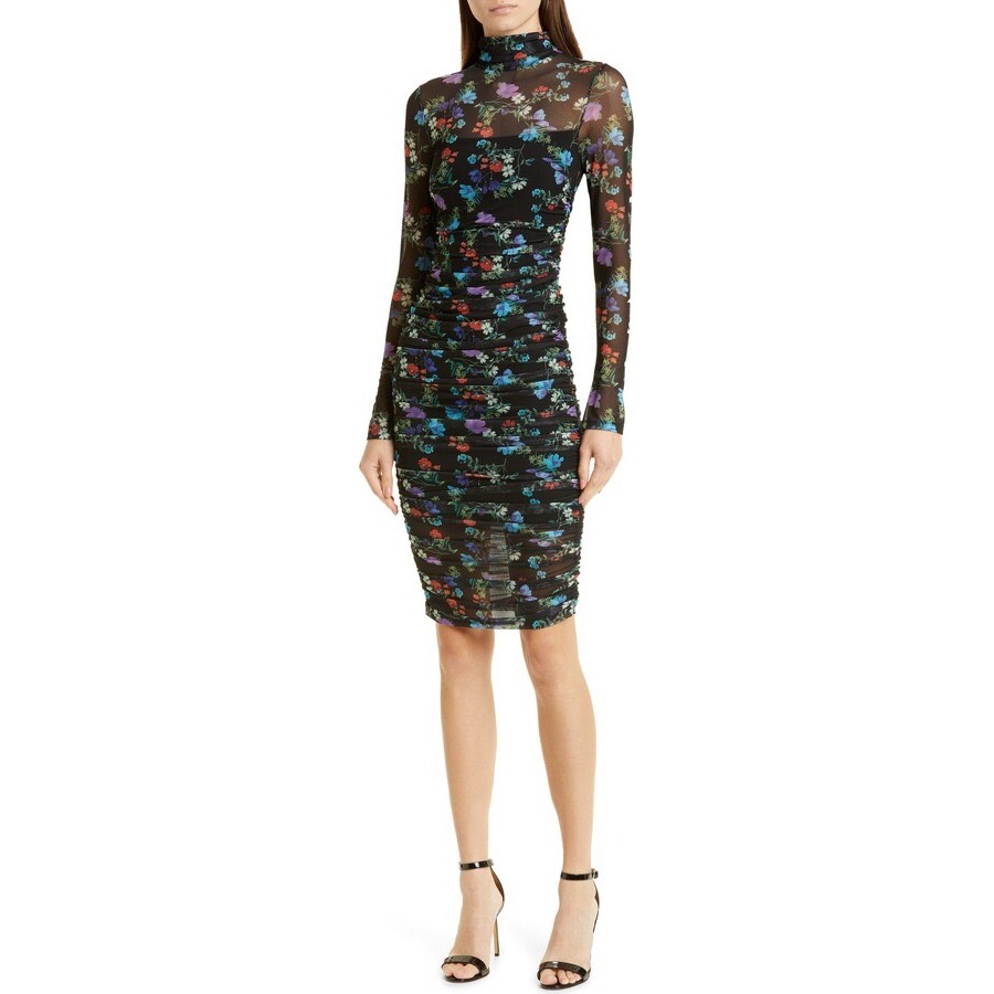 Alice + Olivia Delora Floral Black Mesh Ruched Turtleneck Dress Size 4 Romantic